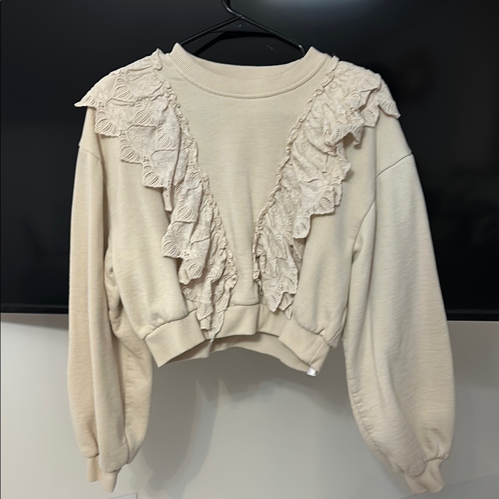 Cream Ruffle Lace Sweatshirt